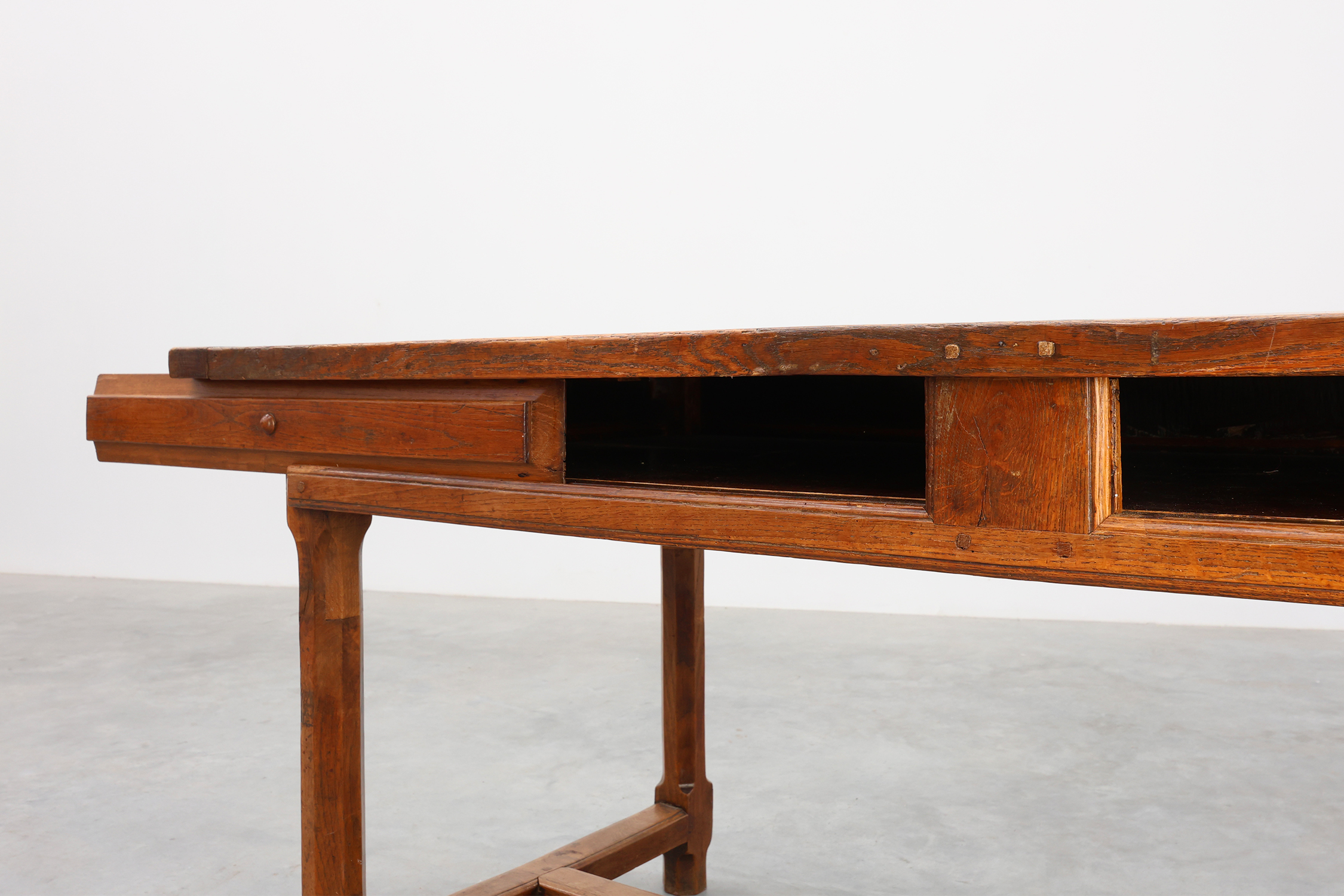 Rustic 19th century oak dinner table with drawers that open laterally, France ca. 1930thumbnail